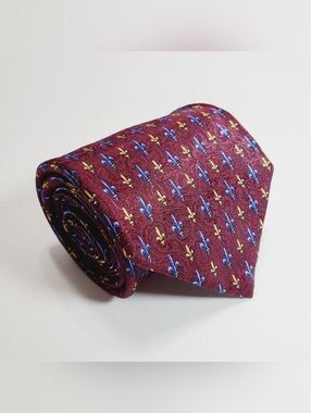 Belinda Firenze Maroon Fleur-de-lis Geometric  Men's Italian Silk Neck Tie